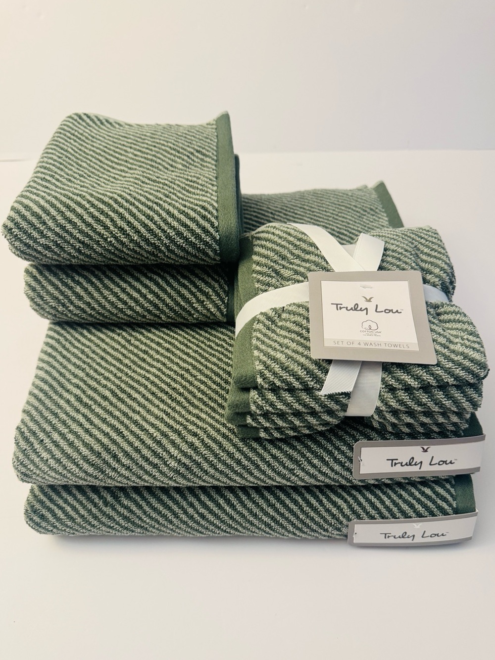 8pc TRULY LOU 100% Cotton Diagonal Stripes Bath Towel Set - Tonal Green